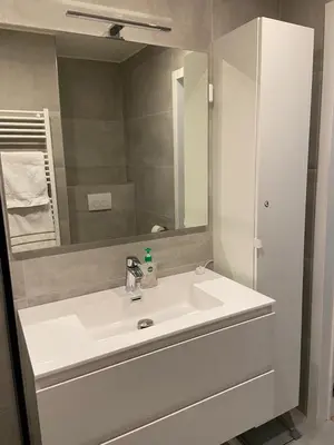 a bathroom with a white sink and a mirror at Apparemment 1 chambre in Brussels