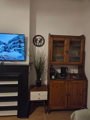 a living room with a tv and a wooden cabinet at The Amber Lounge, 1040 Brussels in Brussels