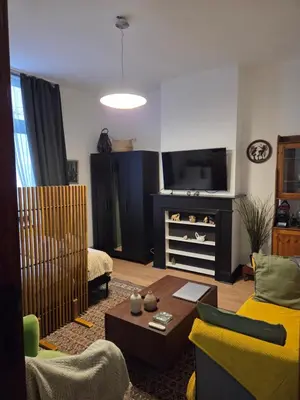 a living room with a couch and a tv at The Amber Lounge, 1040 Brussels in Brussels