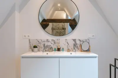 a bathroom with a white sink and a mirror at Bright Duplex near Antwerp Cathedral in Antwerp