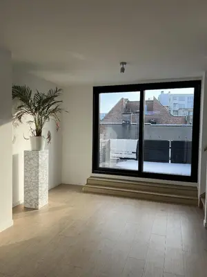 a room with a large window and a potted plant at Chic & Bright near Montgomery in Brussels