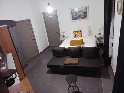 a small room with a bed and a couch at La Perla Appartements Louise RDC in Brussels