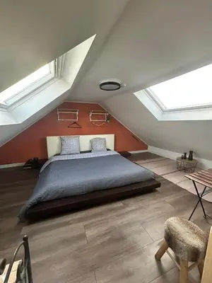 a bedroom with a bed in a attic with skylights at Steves place Temse in Sint-Niklaas