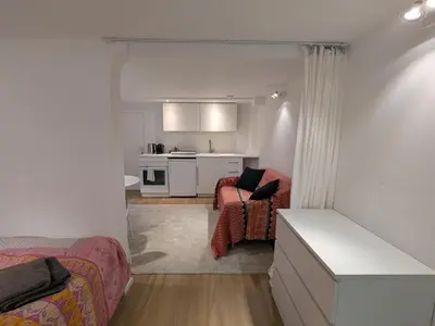 a bedroom with a bed and a living room with a kitchen at cozy nest basement st gilles in Brussels