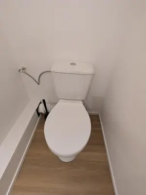 a bathroom with a white toilet in a room at cozy nest basement st gilles in Brussels