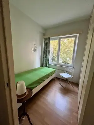 a bedroom with a green bed and a window at Bright and cosy apartment in Bruxelles in Brussels