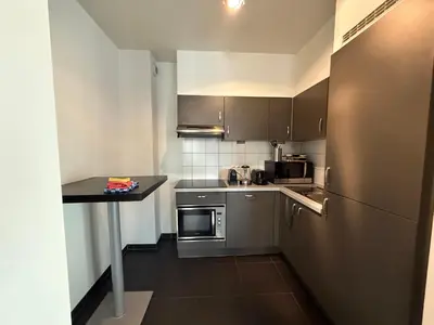 a small kitchen with stainless steel appliances and a counter at Stunning Apartment with 2 Bedrooms - Sleeps 6 in Brussels