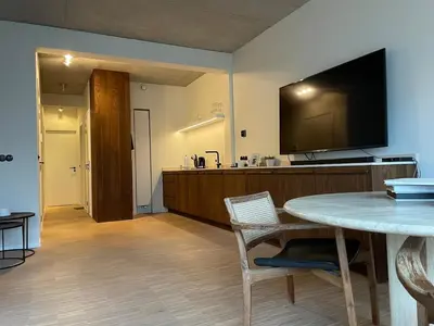 a living room with a table and a flat screen tv at Luxury apartment with a view of the MAS in Antwerp