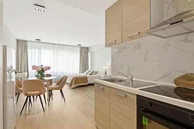 a kitchen with a sink and a table with chairs at Apartment in the center of Antwerp in Antwerp