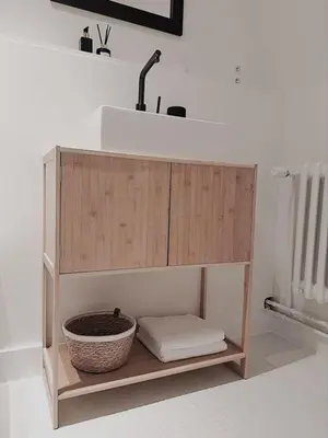 a bathroom with a sink and a bowl on a shelf at Libertypenthouseghent - Monthly Stays - Miljoenenkwartier Gent in Ghent
