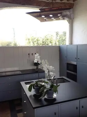 a kitchen with a counter with vases with flowers on it at Beautiful 19th-century house in the countryside in Glabbeek