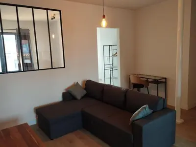 a living room with a brown couch and a mirror at NiceFlatInTheStad in Antwerp