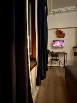 a room with a table and a window with a curtain at Luxury Rooms by Rikas Hotels in Antwerp