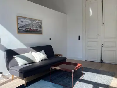 a living room with a black couch and a table at Canopée guesthouse in Brussels