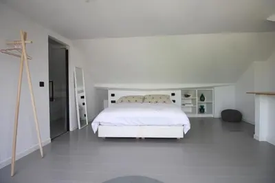 a bedroom with a white bed in a white room at Canopée guesthouse in Brussels