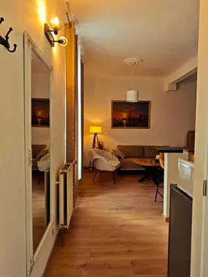 a hallway leading to a living room with a couch at Brussels Cozy Studio in Brussels