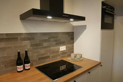 a kitchen with two bottles of wine on a counter at Parus major in Londerzeel