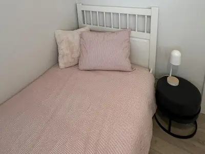 a small bedroom with a bed with pink sheets and pillows at Parus major in Londerzeel