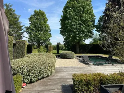 a garden with bushes and a wooden walkway at Maison Tomorrowland in Aartselaar