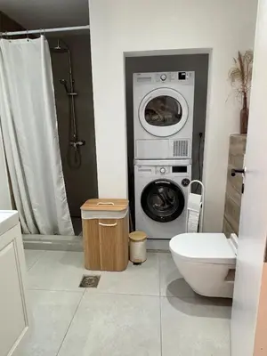 a bathroom with a washing machine and a toilet at Modern apartment in Brussels, ground floor in Brussels