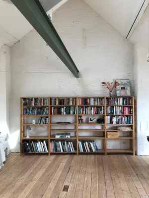 a room with book shelves filled with books at Penthouse studio in a family house in Brussels