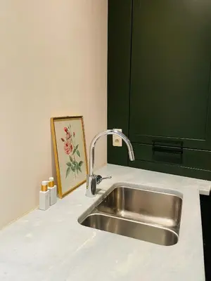 a kitchen counter with a sink and a painting at Alcazar in Mechelen