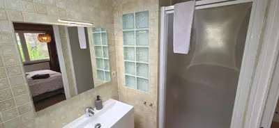 a bathroom with a sink and a mirror at Green Hill Guest Room Overijse in Overijse