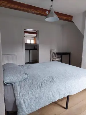 a bedroom with a bed and a table and a chair at Typical flat Grand Place in Brussels