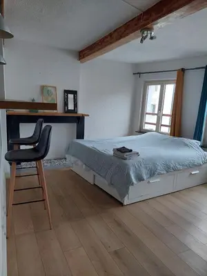 a bedroom with a bed and a desk and a chair at Typical flat Grand Place in Brussels