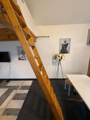 a wooden staircase in a room with paintings at Cozy home in Zottegem in Zottegem
