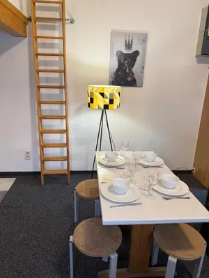 a dining room table with chairs and a ladder at Cozy home in Zottegem in Zottegem