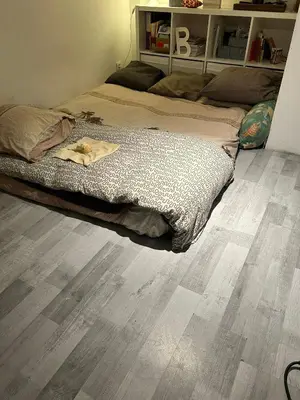 a bedroom with a bed and a wooden floor at Belle chambre de 1,30 cm de hauteur à Bruxelles midi in Brussels