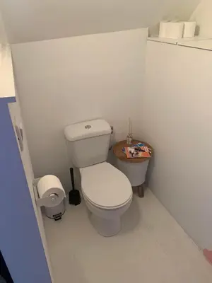 a small bathroom with a white toilet in a stall at Cozy loft in private house at the center of Ghent in Ghent