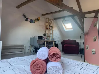a bedroom with pink and white towels on a bed at Cozy loft in private house at the center of Ghent in Ghent