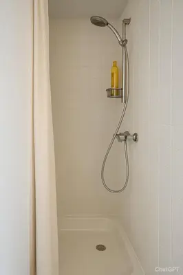 a shower with a yellow bottle on a shelf in a bathroom at Cosy studio in prime location in Ghent