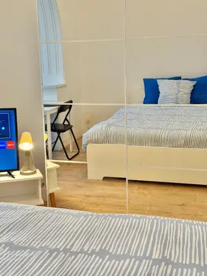 a bedroom with two beds and a mirror at Centre ville de Bruxelles in Brussels