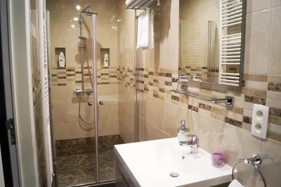 a bathroom with a sink and a shower at EU Guesthouse in Brussels