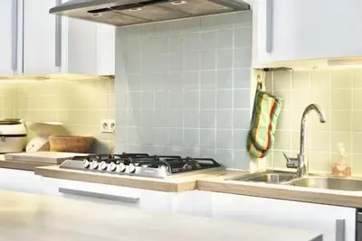 a kitchen with a stove top oven next to a sink at Spacious terrace apartment in the heart of Brussels in Brussels