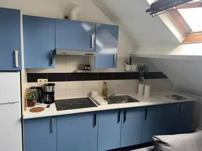a small kitchen with blue cabinets and a sink at Central Stay in Brussels