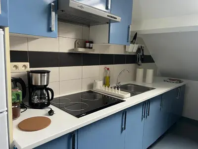 a small kitchen with a sink and blue cabinets at Central Stay in Brussels