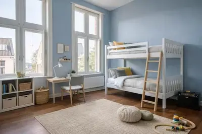 a bedroom with a bunk bed with a desk and a ladder at Luxury villa with pool for 14 people in Essen