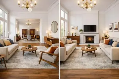 two pictures of a living room with a couch and a fireplace at Luxury villa with pool for 14 people in Essen