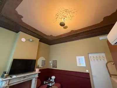 a living room with a ceiling with a tv and a fireplace at Kaffee Changé in Ghent