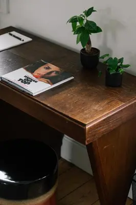 a wooden desk with two potted plants on it at A Place Antwerp - Boutique Suites & Flats - Schuttershofstraat 1 in Antwerp