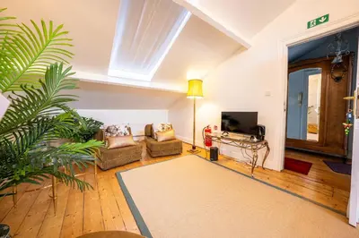 a living room with a couch and a tv at Le Nymphale Suite Antwerp in Antwerp