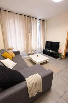a living room with a couch and a television at Central Brussels Spacious 2BR near Grand Place 1 in Brussels
