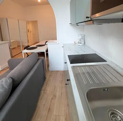 a kitchen with a sink and a couch in a room at Le sily appartement Bruxelles centre-ville in Brussels
