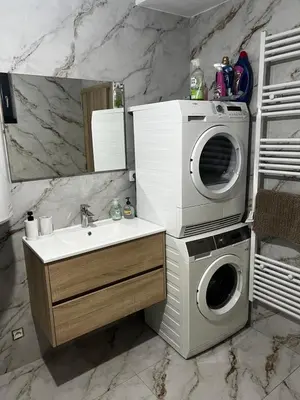 a bathroom with a washing machine and a sink at Un cocon chaleureux in Brussels