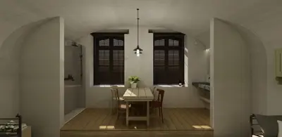 a kitchen and dining room with a table and chairs at Erflogies Fort Liezele