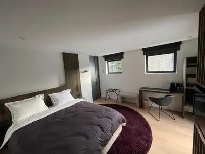 a bedroom with a large bed and a television at Aplusstudio in Zottegem